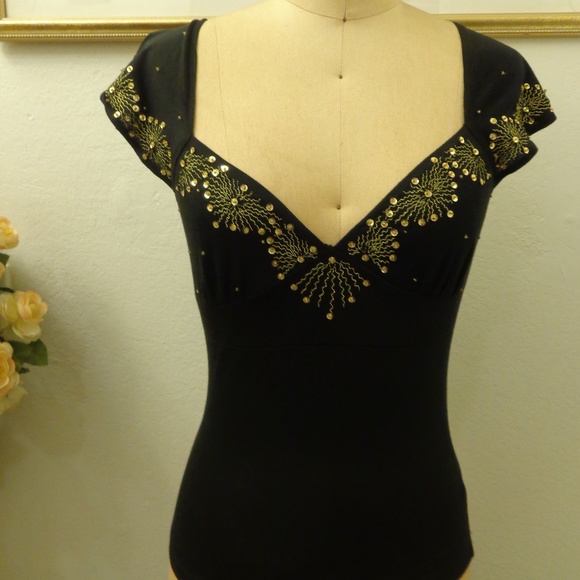 One Step Up Tops - One Step UP Black and Gold Beaded Sequins Tank Top